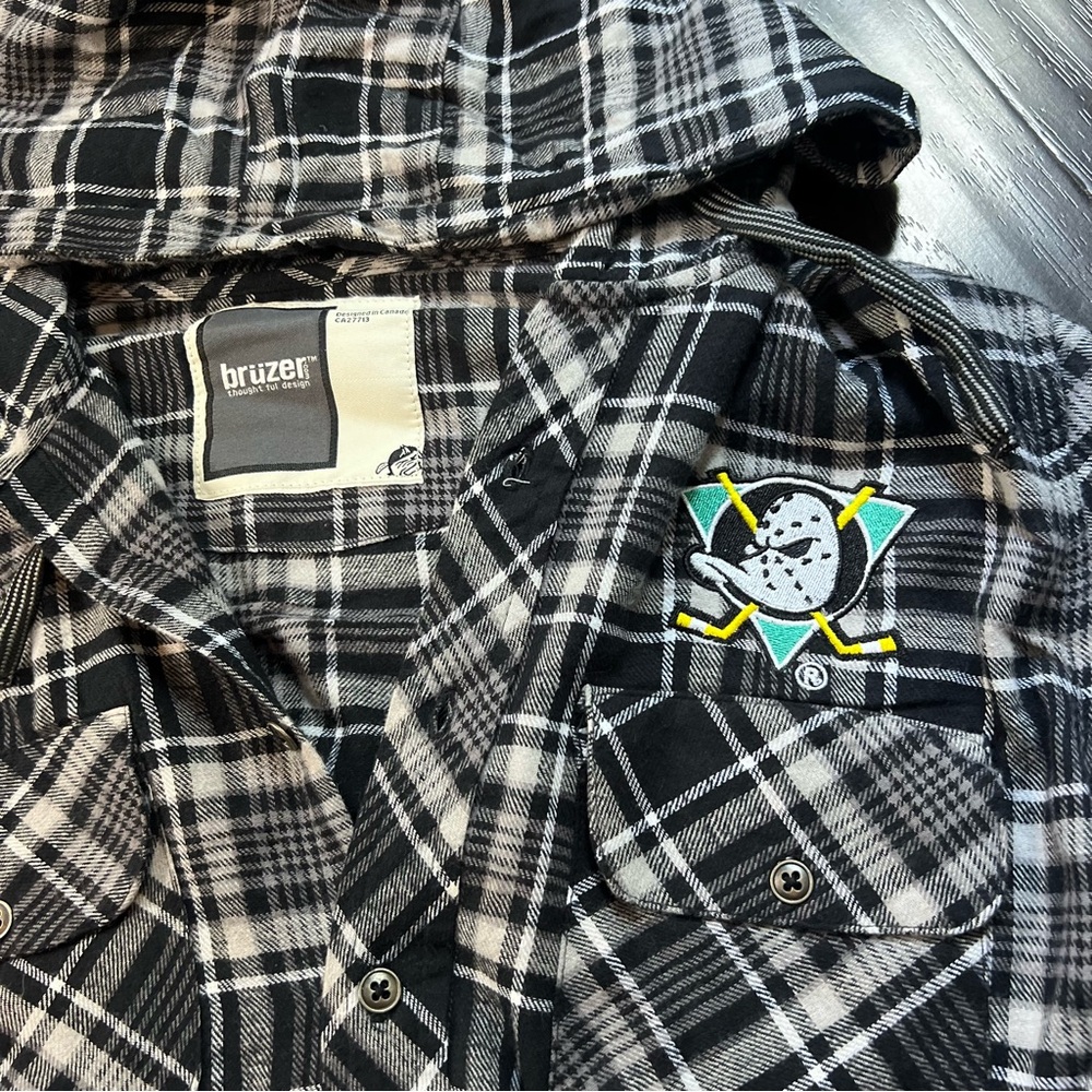 Brunzer Black & White Plaid Flannel Hoodie Anaheim Might Ducks S Men NWT